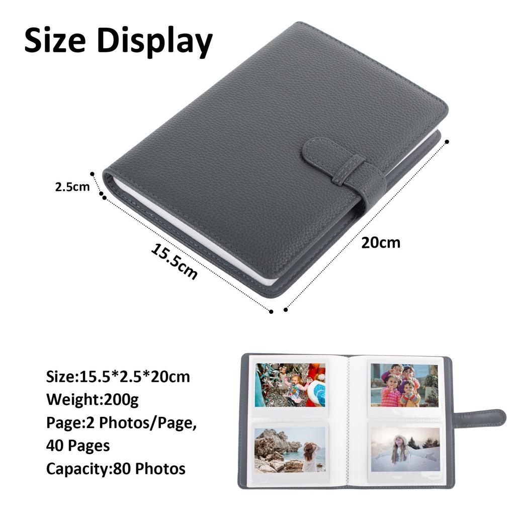 kinokoo for Fujifilm Instax Wide 400 Photo Album, Holds 80 3.4x4.3-inch Photos, Available in 3 Colors, PU Leather (Gray), Birthday Gift