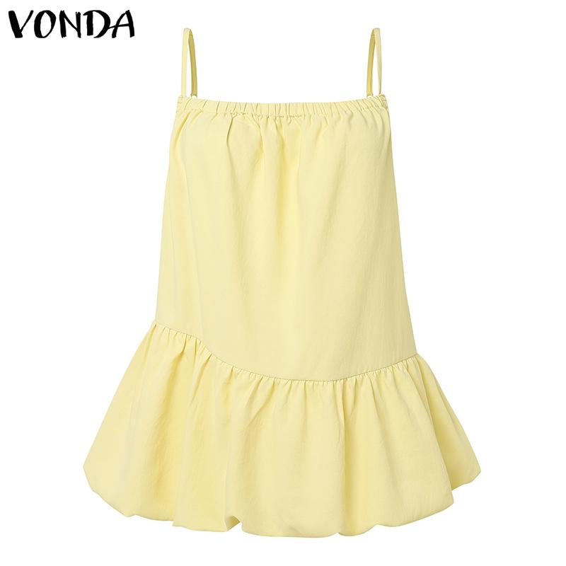 VONDA Women Strap Sleeveless Ruffled Casual Pleated Tank Tops
