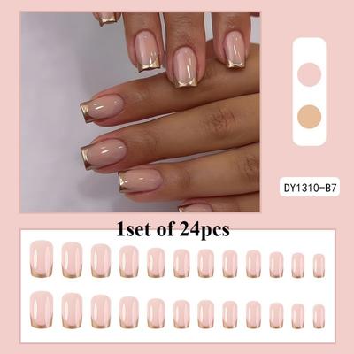 1 Set Gold French Tip Presser Nails, Short Square False Nails, Pink Glossy Chrome Plated Acrylic False Nails, Reusable Nail Glue, Full Coverage Nails