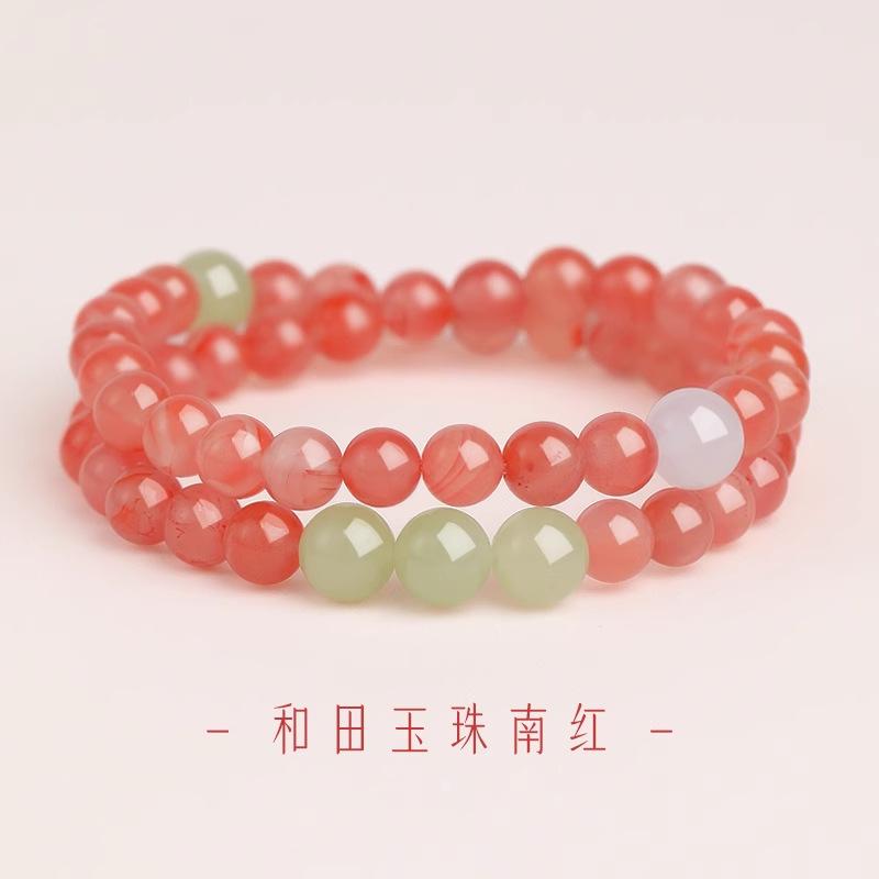 Pulseira de Duplo Anel Nanhong de Carne Inteira da Montanha Putuo Cristal Natural Empilhável Multi-círculo Pulseira de Contas da Sorte Presente para Namorada