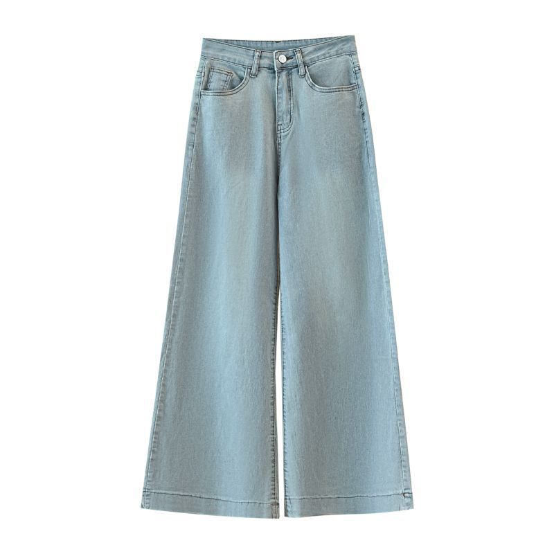 Jeansy Denimowe Damskie Szerokie Nogawki Elastyczne Styl Amerykański Wiosna Jesień Sezon Luźne Modelujące Sylwetkę Lejące Linia A Długość do Ziemi