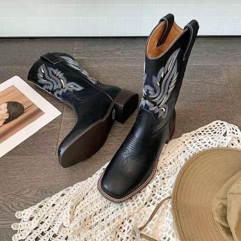 Fashion Middle Heel Leather Square Toe Spring Autumn Ladies Mid Calf Shoes 2025 Novelty Designer Luxury Elegant Women's Half High Boots