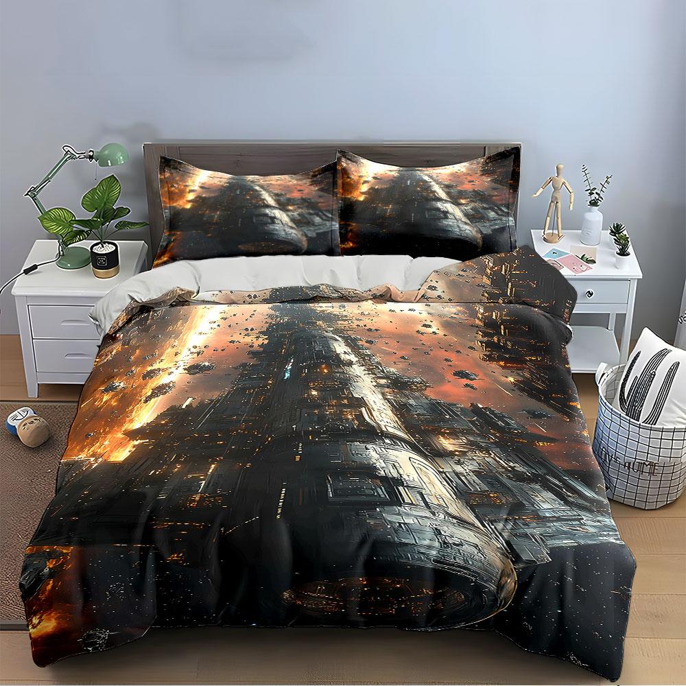 Futuristic Space Battleship Scene Bedding Duvet Cover Set  (1*Duvet Cover 2*Pillowcases, without duvet insert)