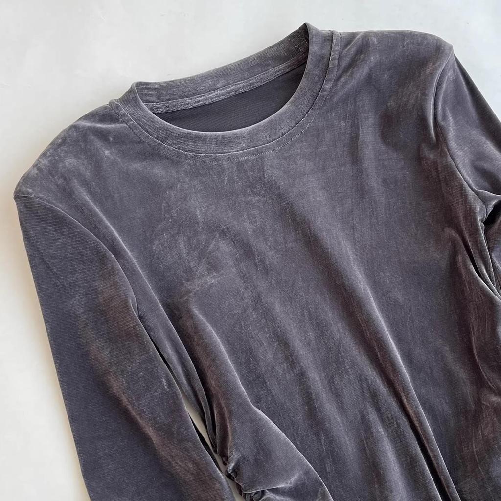 Damen Luxe Samt Langarm-T-Shirt – 2026 Rundhals Schmale Passform für den frühen Frühling/Herbst