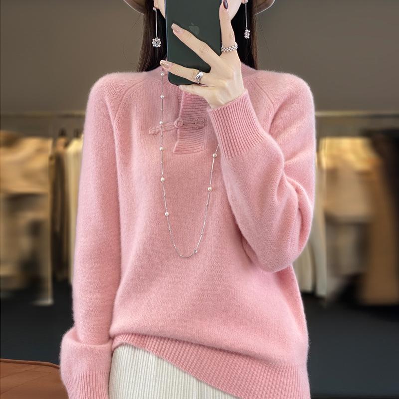 Women's Slimming Wool Sweater - Chinese Style Button-Up, Half-High Collar, Long Sleeve Pullover for Autumn/Winter