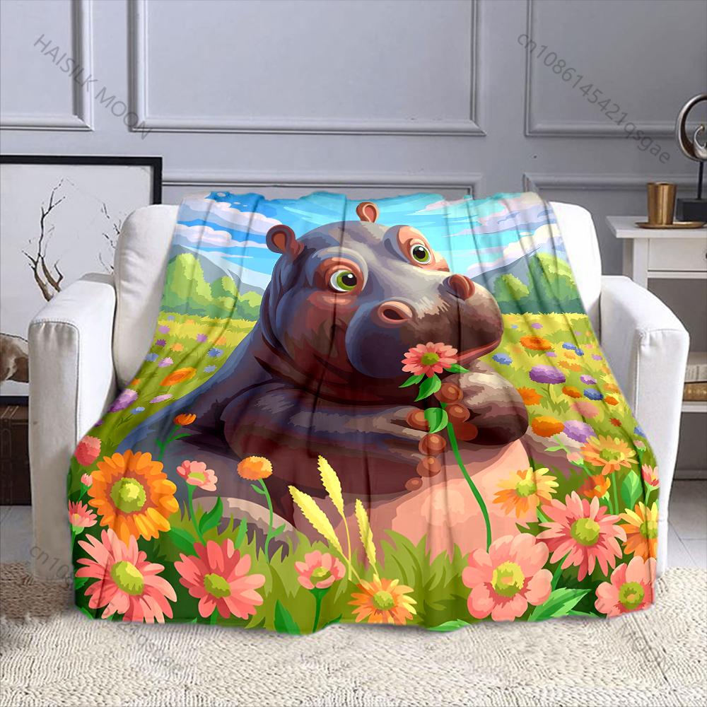 

Cartoon Hippopotami and Flowers Pattern Blanket Warm Soft for Sofa Bed Home Travel Camping Blanket All Seasons Holiday Gifts 75x90cm