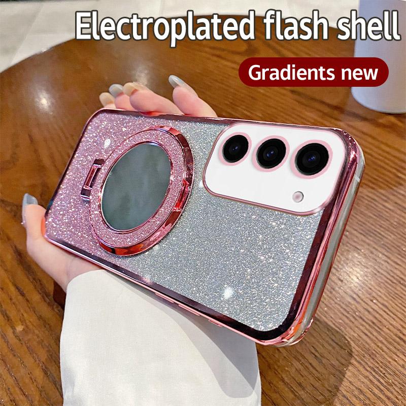 S24 Cute Mirror Glitter Silicone Case For Samsung Galaxy S24 Plus S24 Ultra Magnetic Bracket Simple Shockproof Back Cover S24 FE