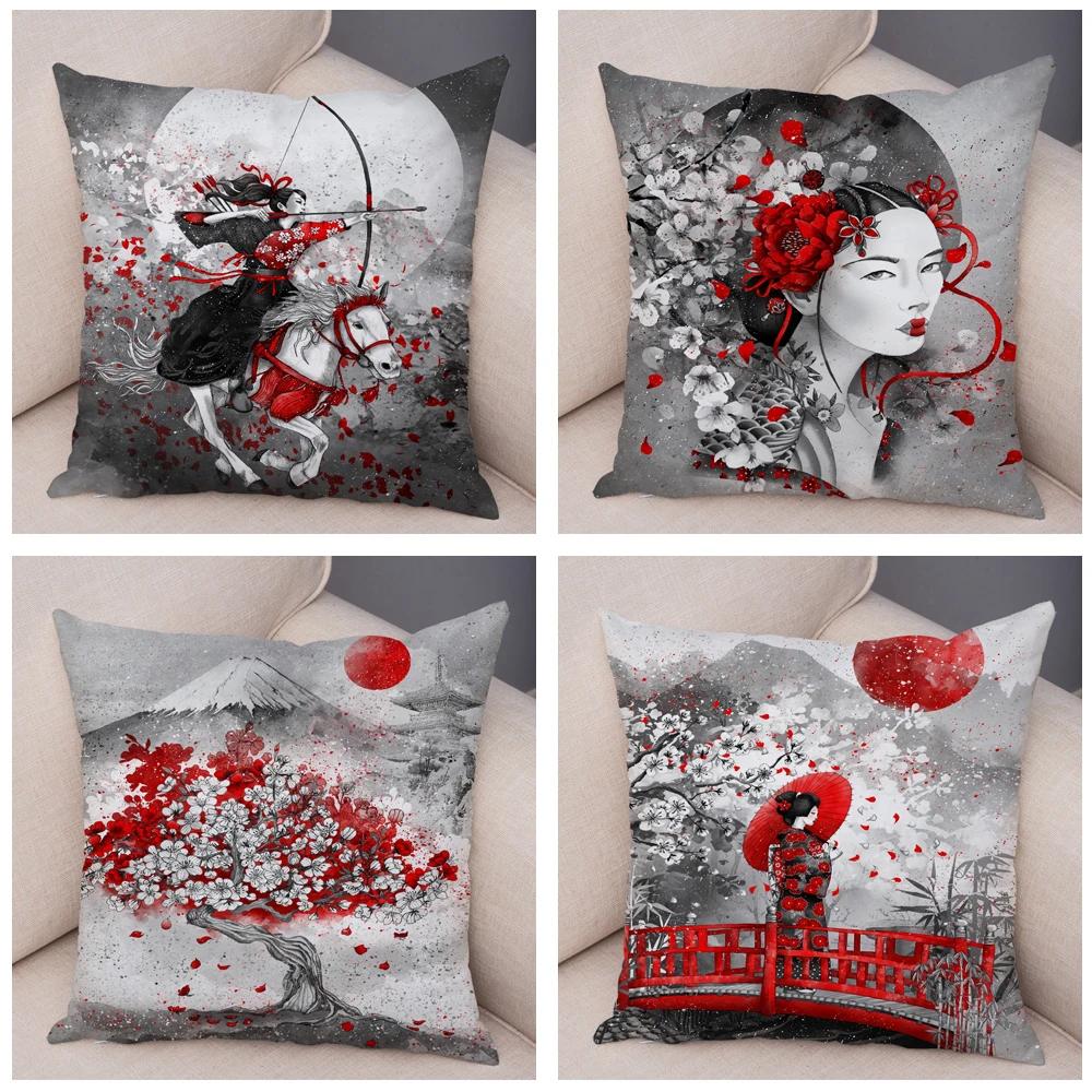 Japan Style Ink Warrior Cushion Cover for Sofa Home Double Print Decor Beautiful Scenery Girl Pillowcase Soft Plush Pillow Case