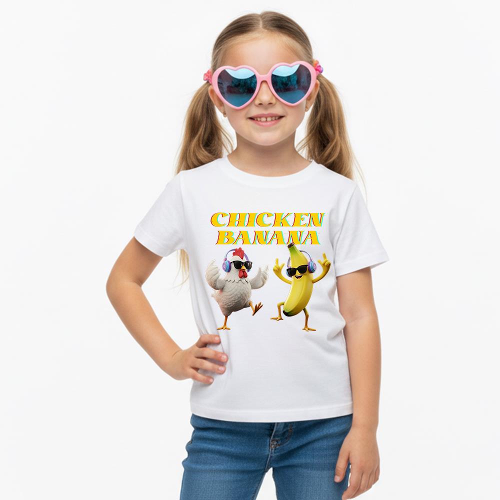 Koszulki Dziecięce Kurczak Banan Ubrania T-shirt Dzieci Kreskówki Casualowy Top Chłopiec Dziewczynka Krótki Rękaw Urocze Stroje Prezent T-shirt Biały/Czarny