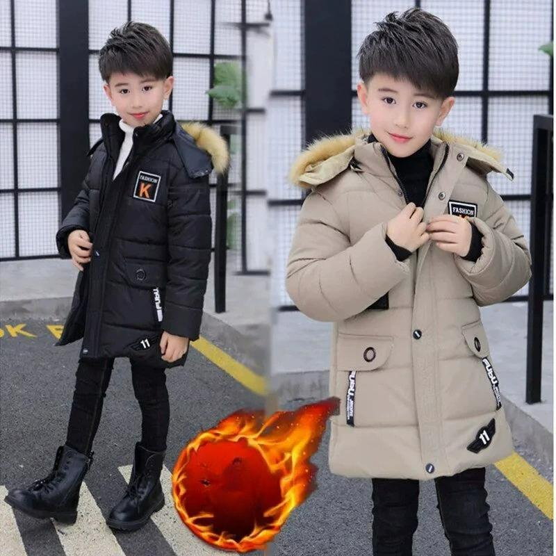 Boys' Winter Cotton-padded Jacket, Thickened Mid-length Boys' Padded Jacket, Plus Velvet, Medium and Large Children's Cotton-padded Jacket
