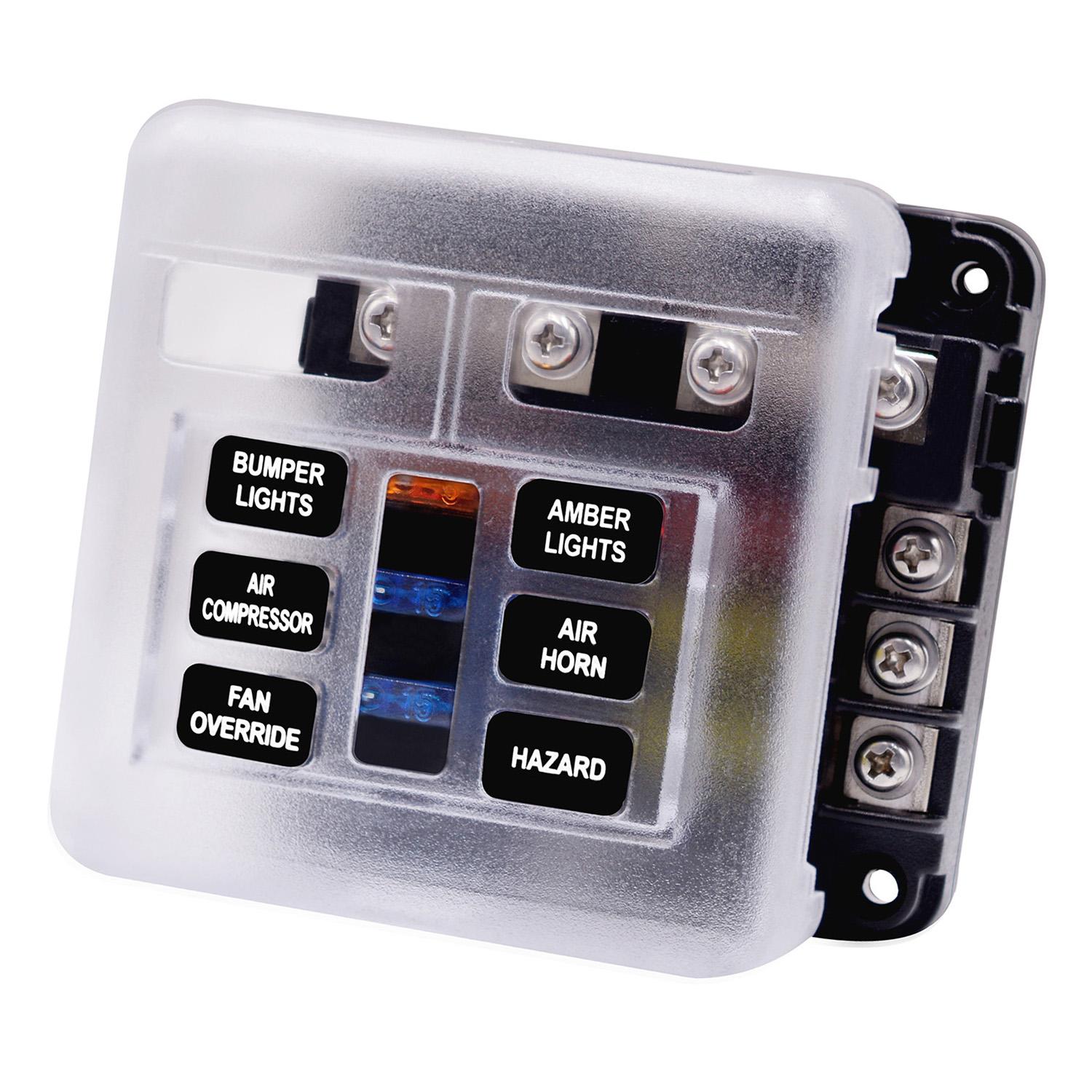 Fuse Box with Negative Bus, Blade Fuses Holder Block 6 Way with LED Indicator for Boat Van Car Truck