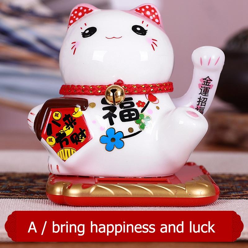 Ceramic Lucky Cat Ornament Maneki Neko Beckoning Fortune Cat Home Car Decoration Gift Wealth Waving Arm Cat Solar Powered