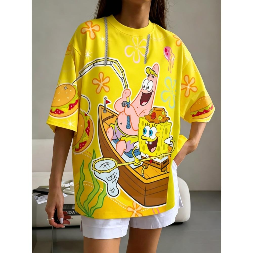 Summer SpongeBob Print Kawaii Street Y2K Vintage Men Women Tee Adults Children Boy Gril Top Kids Parent Child Quick dry Tshirt