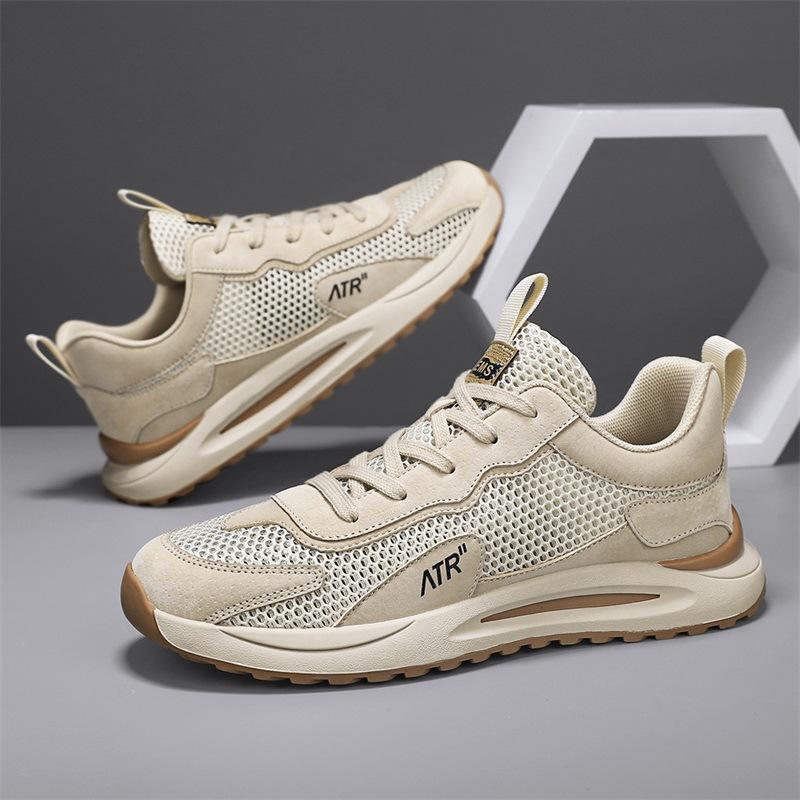 

Fashion dad men s shoes summer breathable mesh sports casual men s soft sole non-slip black height-increasing running tide shoes 44 бежевий