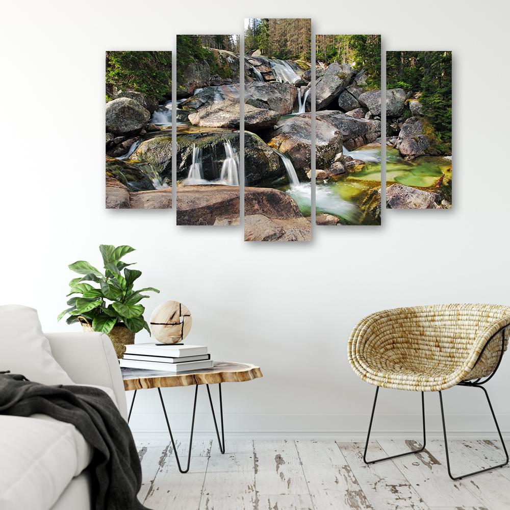 Five Piece Picture Canvas Print Waterfall Forest Brook Rocks