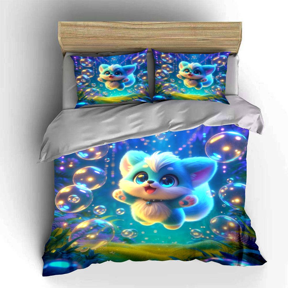 Fantasy Blue Puppy With Glowing Bubbles Duvet Cover Set With 3D Printing Design Soft Polyester Bedding Set All-Season Comfort