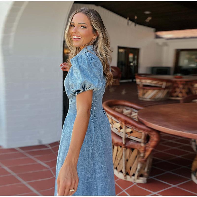 2025 Spring and Summer Puff Sleeve Short-sleeved Distressed Casual Style Shirt Denim Long Dress Single-breasted Waist Denim Long Skirt Retro