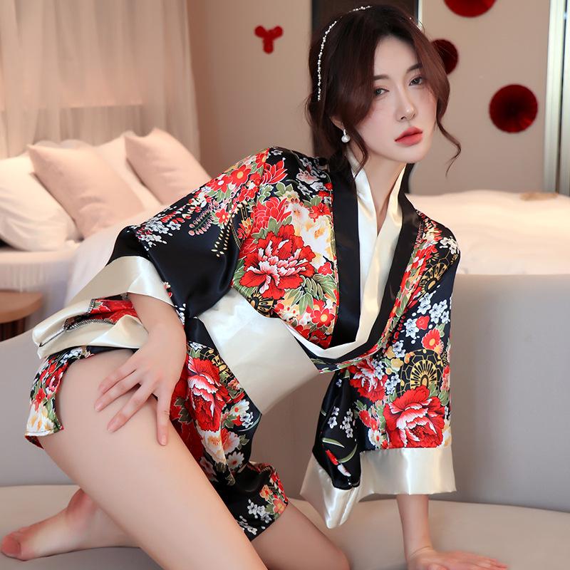 Sexy Lingerie Sexy Print Kimono Uniform Japanese Open Placket Low Neck Perspective Seduction Bathrobe
