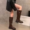 Fashion Winter Vintage Women Western Cowboy Boots Fashion Belt Buckle Slip On Female Knight Long Booties