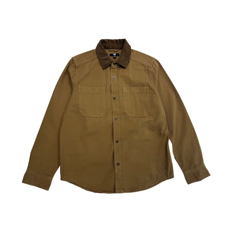 Men s Spring and Autumn Pure Cotton Twill Shirt, American Casual Workwear Corduroy Lapel Thin Jacket Khaki 2XL