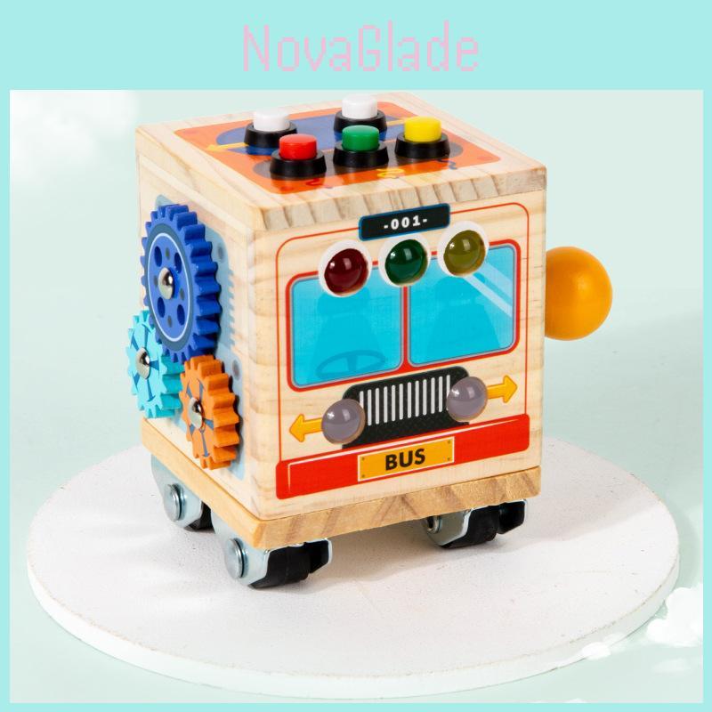 Wooden Bus Design Steering Wheel Color Buttons Children Puzzle Toys With Lights For Kids