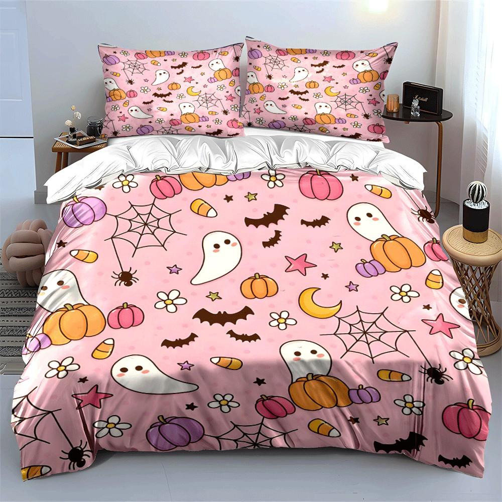 Halloween-Themed Pink Pattern Design 3-Piece Set Perfect For Halloween Decor,Exquisite 3-Piece Bedding Set Gift For Friends