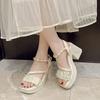 Fashion Comfort Shoes for Women Pearl Sandals Fashion Chunky Suit Female Beige Increasing Height Block Heels All-Match Black Bow 2025