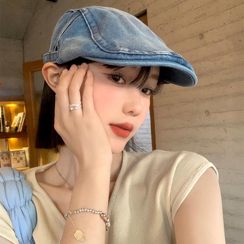 Retro Washed Denim Forward Hat Women's Korean Version Big Head Circumference Showing Face Small Beret British Style Literary and Art Newspaper 