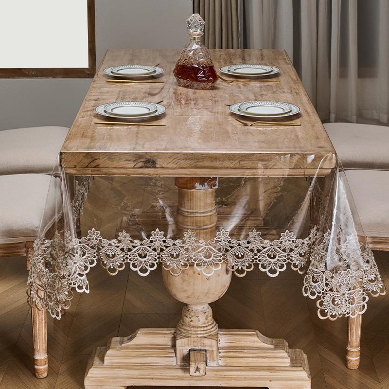 Tovaglia da Pranzo Trasparente in PVC Impermeabile Lavabile Tovaglia di Plastica Rettangolare Vetro Morbido Ricamo Pizzo Copertura Tappetino Tavolino da Tè