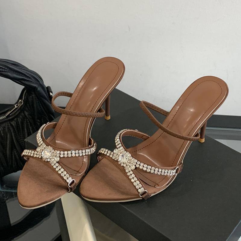 Fashion Liyke Summer Woman Slipper Fashion Crystal Rhinestone Open Toe Thin Heels Shoes Street Style Stripper Party Slides Zapatos Mujer