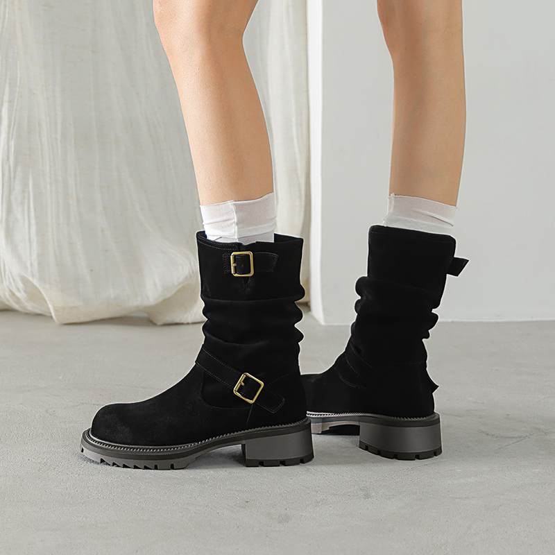 Krazing Pot Cow Suede Nubuck Winter Round Toe Western Boots Med Heels Slip On Metal Buckles Women Mid-calf Boots