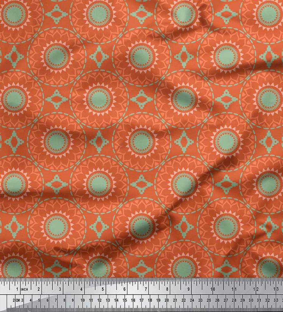 Soimoi Red Japan Crepe Satin Fabric Mandala Geometric Print Fabric by the Metre 42 Inch
