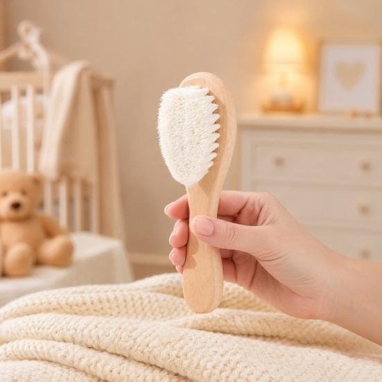 Soft Wool Bath Brush for Baby, Gentle Newborn Skin Cleanser with Natural Cherry Beech Wood Handle, Non-Irritating Infant Bath Scrubber