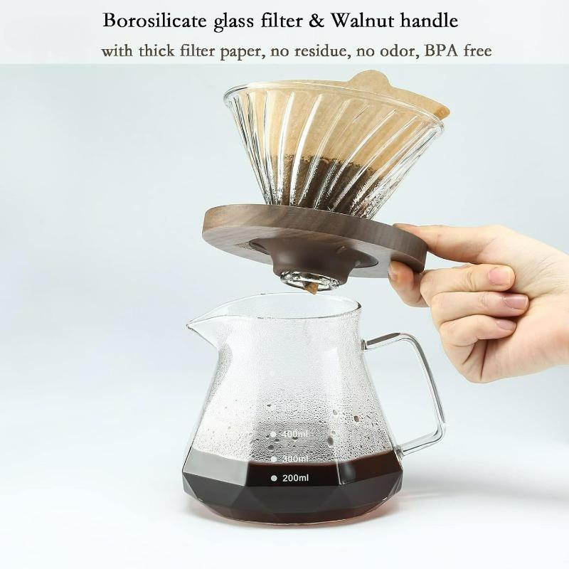 Pour-over Coffee Kettle ,Glass Carafe with Lid Walnut Handle Filter,Drip Coffee Maker Pot for Home Café Restaurant Camping