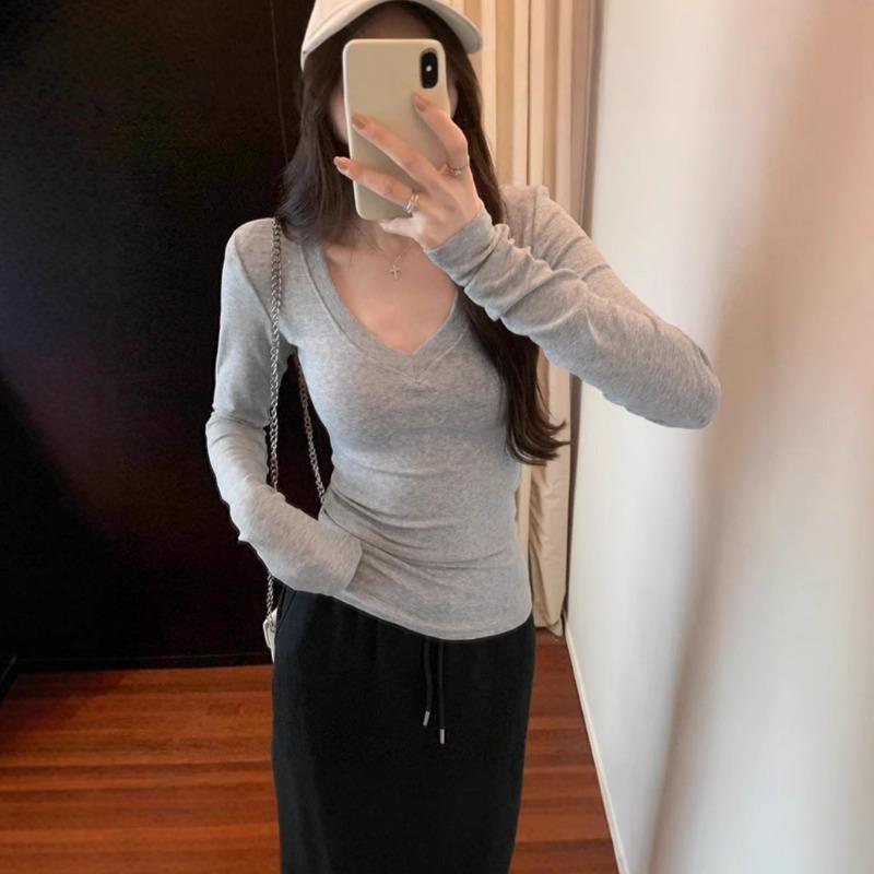 

Жіноча базова сорочка з V-подібним вирізом Весна Осінь Новий стиль Футболки зліва на плечі Довгий рукав Звужуючий топ S сірий колір