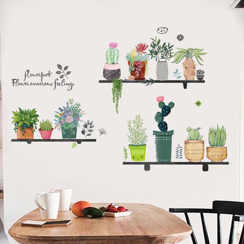DIY Self-Adhesive Wall Stickers Green Potted Plants Decor for Living Room Bedroom Peel Stick Vinyl Art