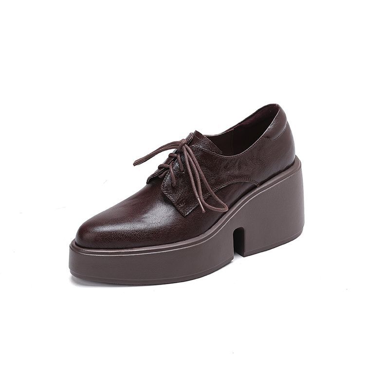 High heel thick sole pointed sheepskin single shoes~ 2025 spring and autumn new lace-up 8cm wedge heel waterproof table leather loafers