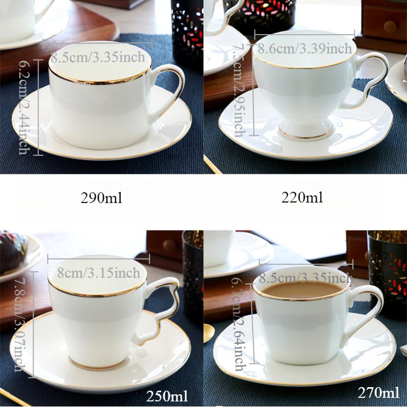 White Bone China Coffee Cup and Saucer, Lightweight Porcelain Espresso Cups with Gold Trim,Ceramic Tea Cup Coffee Mug,1 Set
