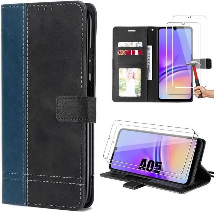 Coque pour Samsung Galaxy A05 avec 2 Verres Trempés, Blue Marine, Effet Cuir Bicolore Antichoc avec Poche à Cartes
