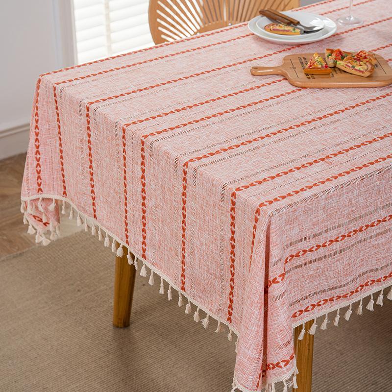 Plain 3D Embroidered Linen Tablecloth With Fringe Hem Japanese Style Fresh Table Cover 90*90cm