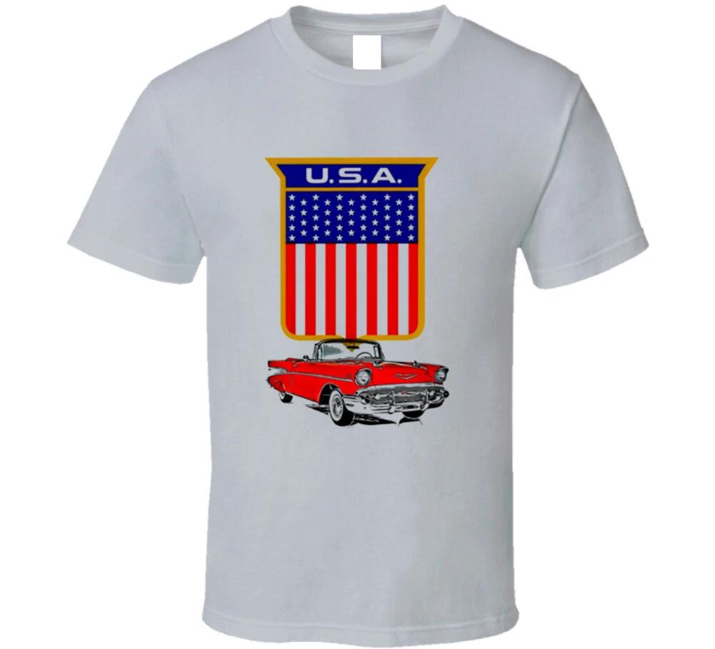 57 Chevy Convertible American Flag Shield Car Gift T Shirt 4XL