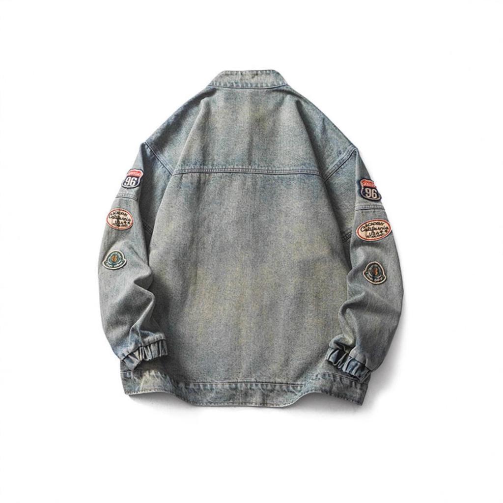 Men's Washed Grey Stand Collar Denim Jacket - Spring Retro Trend with Zipper and Embroidery, American Harrington Style.