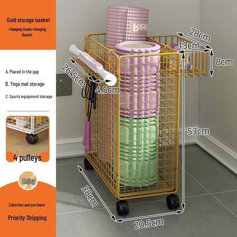 Beweglicher Yogamattenwagen mit schmalem Regal und Puppenaufbewahrungskorb