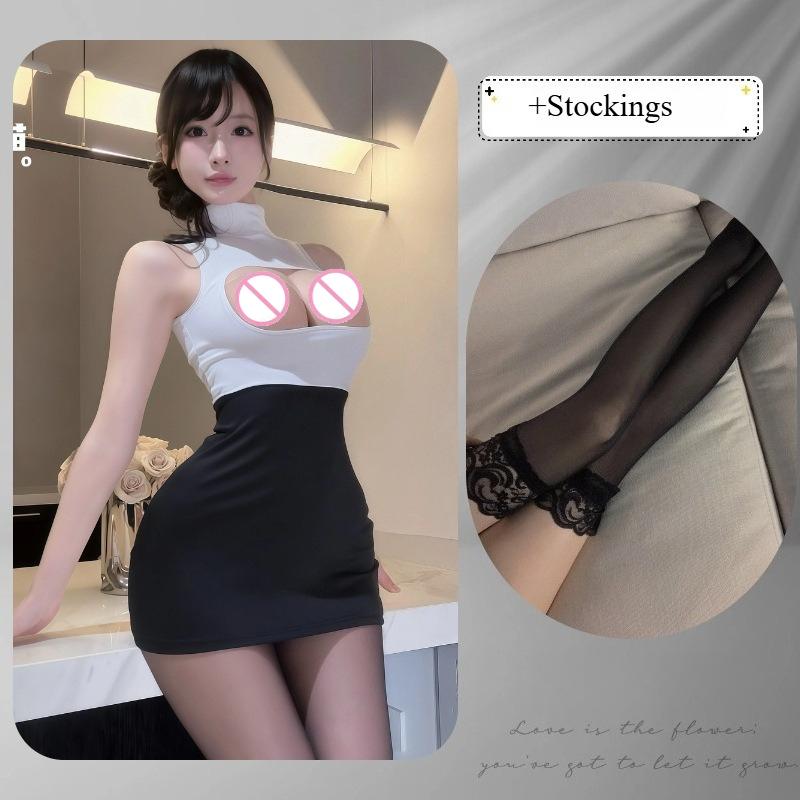 Sexy Secretary Uniform Set with Easy Access Bodycon Mini Skirt Plunge Mock Neck Sizzling Office Erotic Lingerie for Women