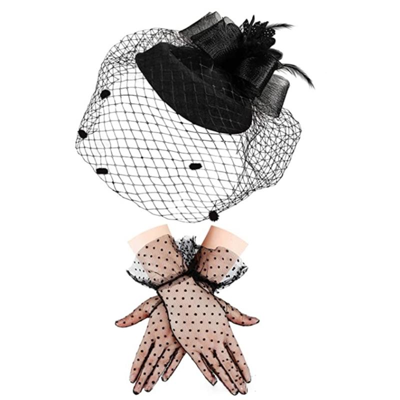 

Винтажный стиль, большая вуаль ручной работы, женская шляпа-волшебница с перьями, свадебная сетка, короткие перчатки для свадебных аксессуаров 1