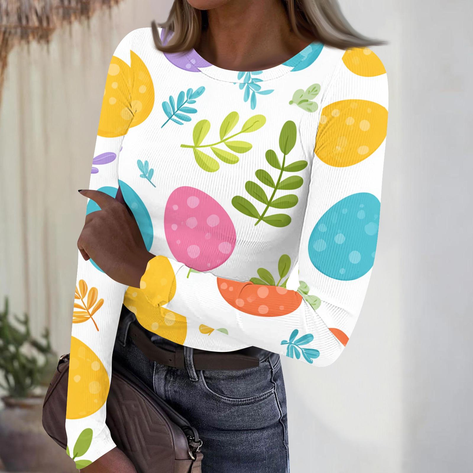 

Women s Casual Fashion Round Neck Easter Print Long Sleeve Strip Top M жовтий