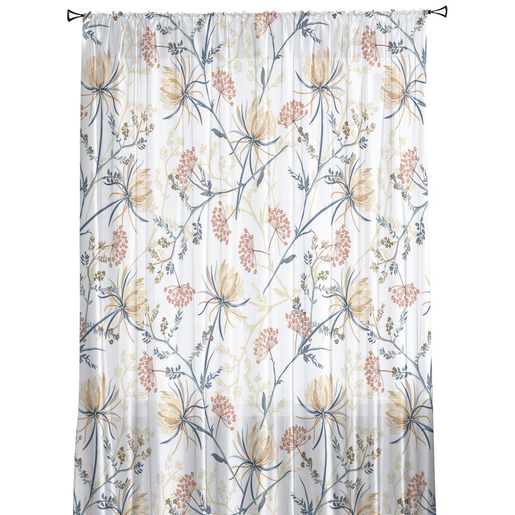 Snow Lotus Branches Leaves Flower Plant Sheer Curtains for Living Room Tulle for Windows Voile Yarn Short Bedroom Curtains