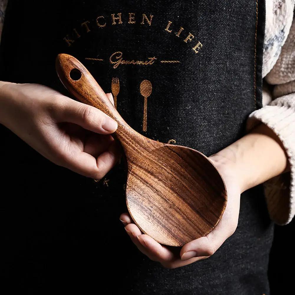Solid Wood Rice Spoon Creative Non-stick Pan Wooden Spatula Kitchen Cooking Tool Simple Household Light Luxury Retro Rice Spoon