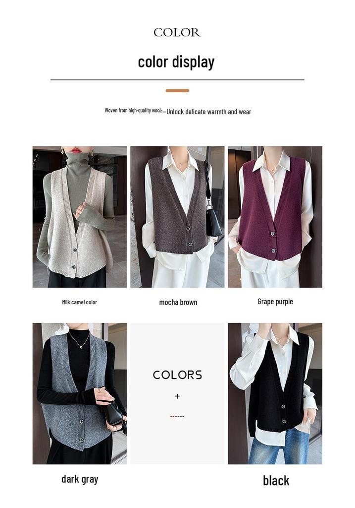 Women's 100% Wool V-Neck Sleeveless Knit Vest - Autumn/Winter Solid Color Layer