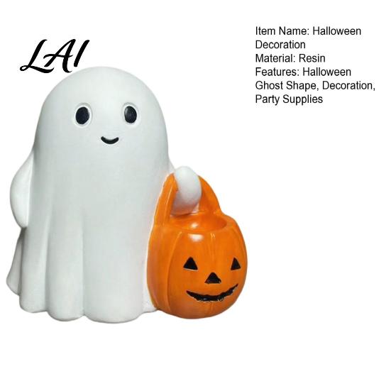 Warm Light Ghost Decor Halloween Holding Pumpkin Figurine Spooky Statue with Night Light Resin Ornament for Desk Tabletop Centerpiece